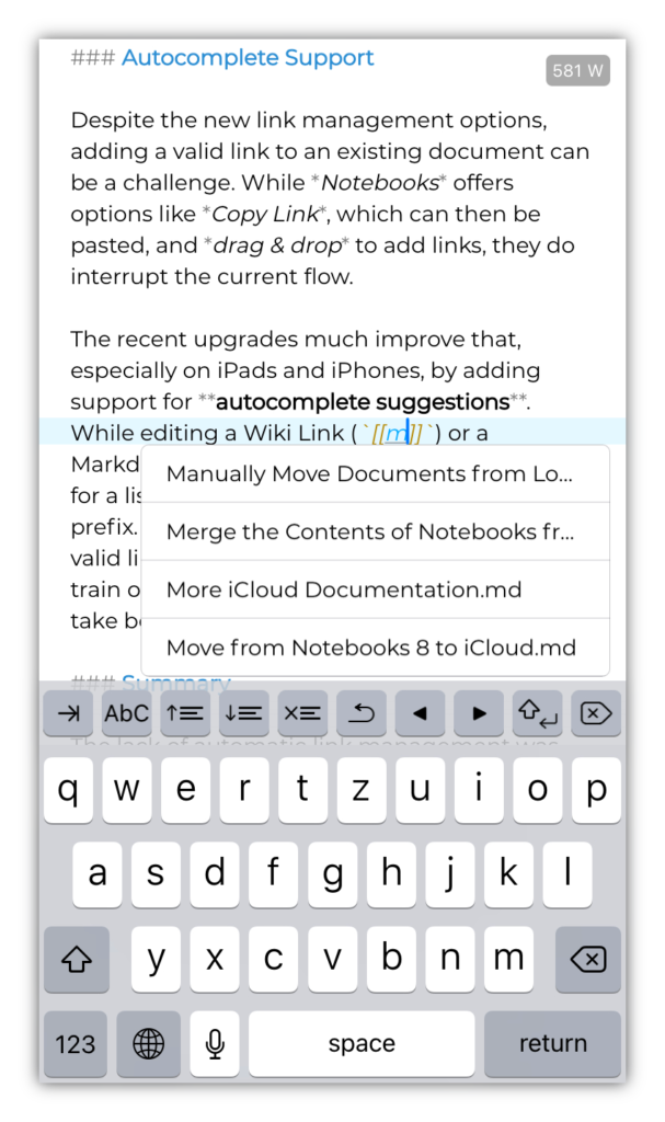 A sample of Notebooks new autocomplete suggestions, supporting automatic link management.