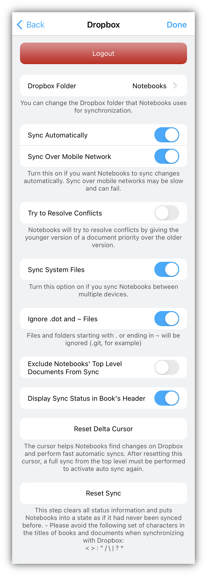 Notebooks Dropbox Settings