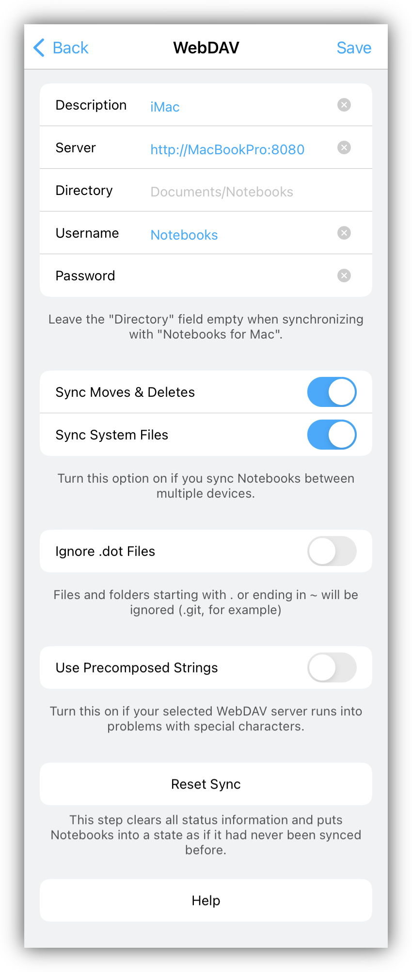Notebooks WebDAV Settings