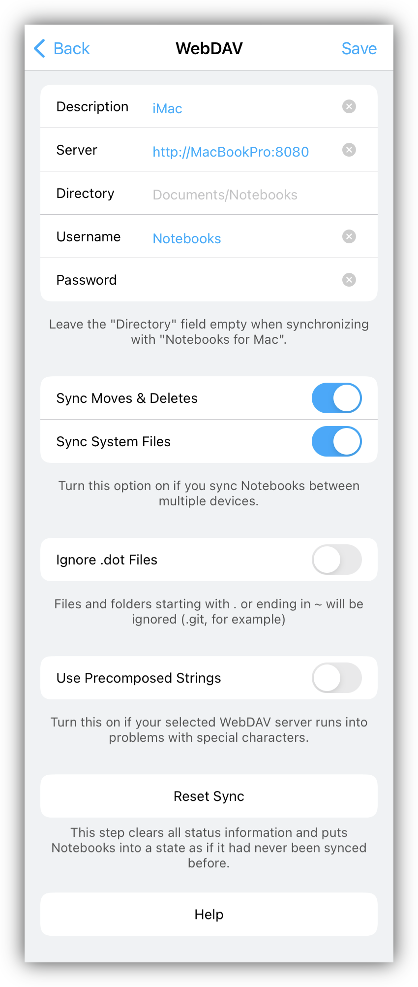 Notebooks WebDAV Settings