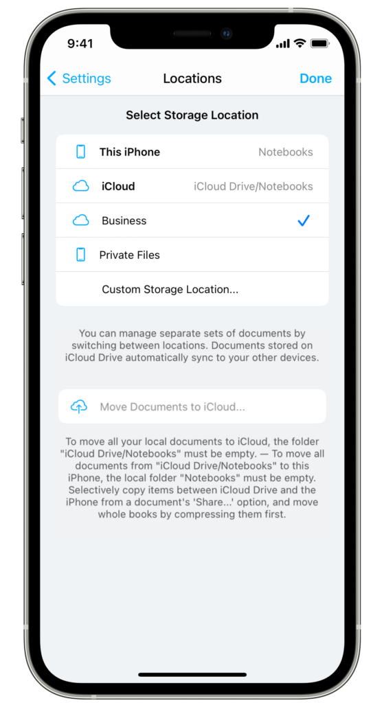 Select iCloud Drive as Storage Location in Notebooks.