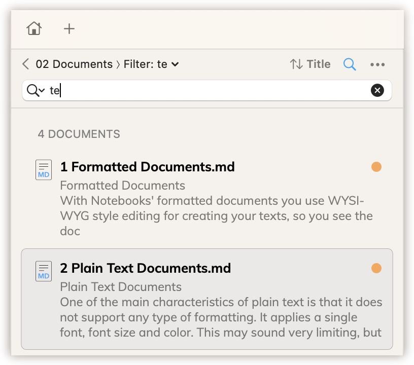 Filter the list of documents in Notebooks.