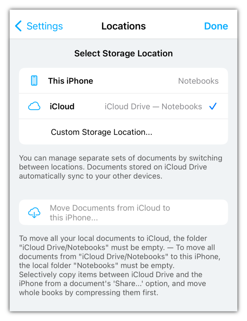 Notebooks Storage Location, iCloud selected